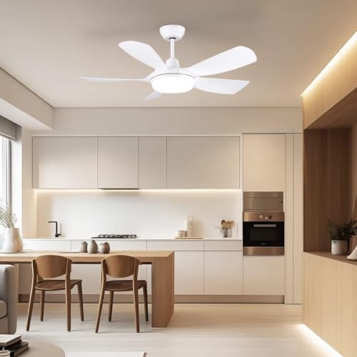 Newday 42 White Ceiling Fan with Remote Control, Dimmable LED, Reversible 5 Blades, Quiet DC Motor, 6 Speeds, Memory Function for Bedroom, Living Room, Patio