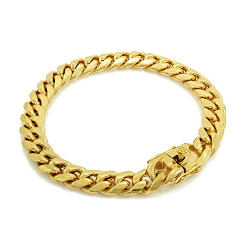 Solid 14k Yellow Gold Finish Stainless Steel 10mm Thick Miami Cuban Link Chain Box Clasp Lock (Chain 30'' & Bracelet 9'') - Thumbnail 4