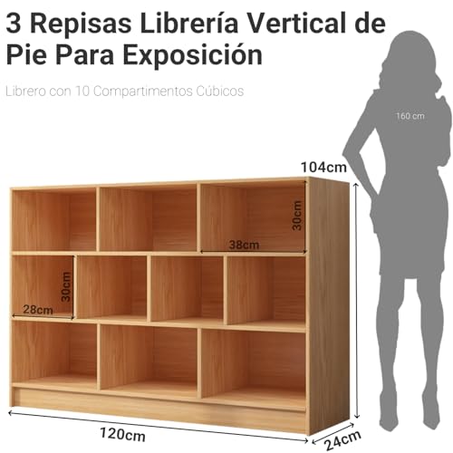 Librero de 10 Compartimentos, 3 Repisas Librero Organizador, Librería Cubby Sencilla Beige, Librería Vertical de Pie Para Exposición, Almacenaje, para Sala,Oficina,Dormitorio, 120*104*24 CM
