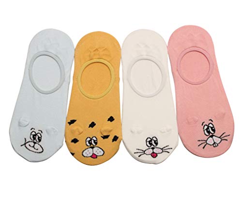 WOWFOOT Women Animal Design No-Show Casual Liner Socks Character Print Non Slip Flat Boat Line 4 Pair (4pair-cartoon 2)