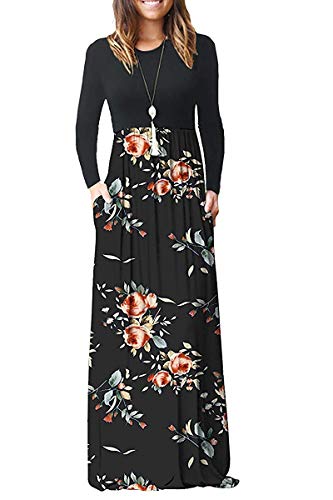 AUSELILY Women Long Sleeve Loose Plain Maxi Dresses Casual Long Dresses with Pockets (XL, Rose Black)