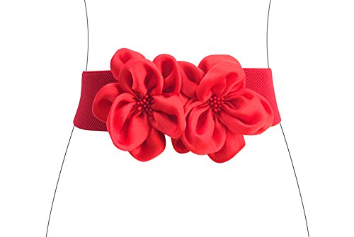 Women Girls Big Fashion Double DÃ©cor Flowers Buckle Adjustable Elastic Wide Waist Belt (one size, red)