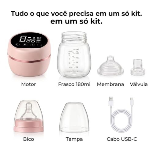 Extrator de Leite Elétrico Portátil – Bomba Tira Leite Silenciosa com Tela LED, 9 Níveis de Sucção, Anti Refluxo, Recarregável USB-C, Extração Sem Dor – 180ml (Rosa)