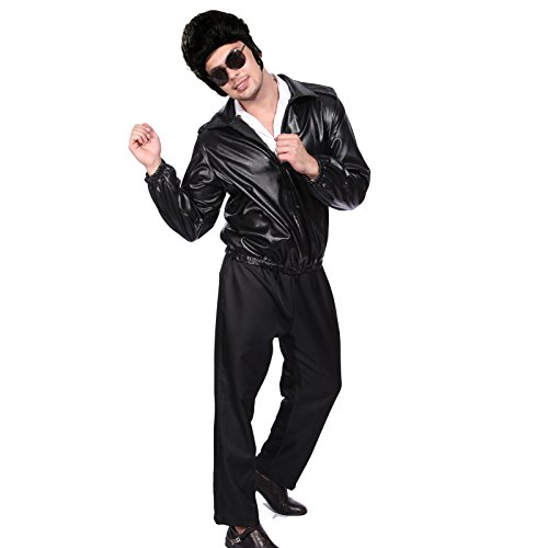 50s Grease Black Leather Look T-Bird Jacket - Danny T Bird Fancy Dress Costume
