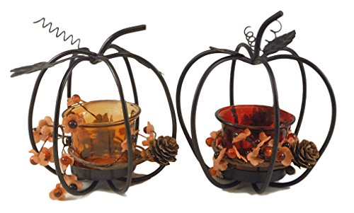 Autumn Pumpkin Metal & Glass Candle Holder 2-Piece Set