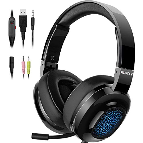 PANICKY Gaming Headset PS4, Xbox one Headset with mic, Headphone with LED Light/Noise Canceling Microphone/Soft Memory Earmuffs/Surround Sound.Compatible with PC, PS4, Xbox One, Nintendo Switch.