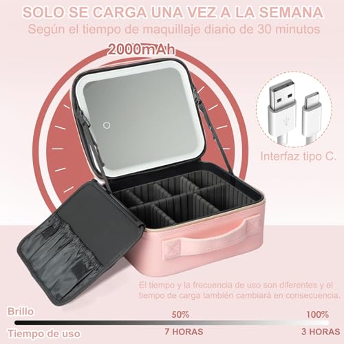 26cm Estuche de Maquillaje con Espejo Iluminado, Bolsa de Maquillaje de Viaje con Espejo LED Desmontable, Tres modos de luz ajustables, con mini espejos plegable, 2 Mini Esponjas De Maquillaje (Rosa)