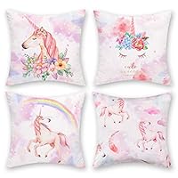 Romeooera Unicorn Pillow Cover Unicorn Decorative Pillow Cover Set of 4 Colorful Pink Unicorn Gifts Unicorn Square Pillowcase Great for Girls Women Kids, 18 x 18 Inch