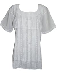 Womens Top Blouse Cotton Hand Embroidered White Flatter Figure Spring Tunic Beach Cover Up