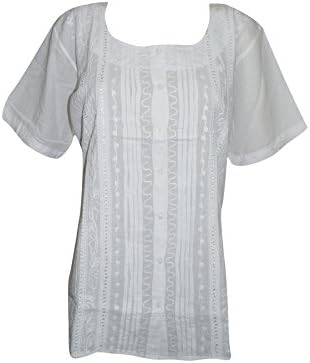 Mogul Interior Womens Top Blouse Cotton Hand Embroidered White Flatter Figure Spring Tunic Beach Cover Up