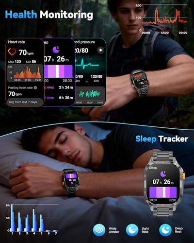 Military Smart Watches for Men, 2.01'' Smart Watch with 1000mAh Battery/Flashlight,Answer/Make Calls Smart Watch for Android and iPhone with SpO2/Heart Rate/Sleep/100+ Sport Modes, Fitness Tracker