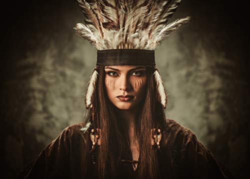 TUMOVO Canvas Wall Art Native American Indian Girl White Feather Woman in Traditional Indian Garment and Headdress Portrait Canvas Picture for Living Room Home Decor Frame Painting (24''Wx48''H)