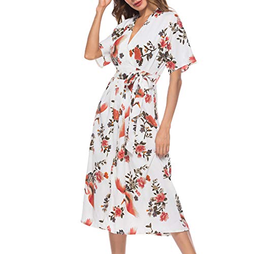 Witspace Women's Vintage Print Short Sleeve Ladies V-Neck Casual Mid-Calf Dress