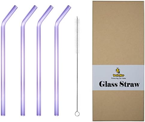 TIANYUAN 9" 9mm Reuseable Bent Glass Straws with 1 Cleaning Brush Set of 4 Purple