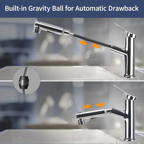 VirtuGro Bathroom Sink Faucet with Pull-Out Hand Shower 3 Modes Single Lever Hot and Cold Mixer Tap Aerator Shower for Sink (Silver)