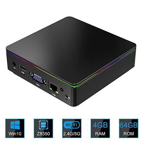 Mini PC with Breathing Lamp Windows 10 4GB DDR3 64GB eMMC Intel Z8350 Quad-Core Micro Desktop Computer with Silent Cooling System 4K HD Graphics HDMI VGA Output Dual Band WiFi AC BT4.1 1000 Lan