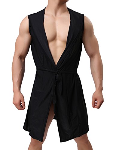 Haseil Men's Silk Kimono Bathrobe Hooded Sleeveless Open Front Sleepwear Pajamas, Black, TagsizeXL=USsizeL