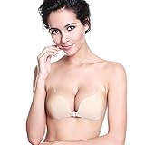 MITALOO Backless Wing Shaped Push Up Plunge Sticky Lite Silicone Bra With Buckle, Nude, A