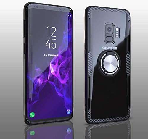 Samsung Galaxy S9 Case, Transparent Crystal Clear Cover with Slim Silicone Rubber Bumper Frame and 360° Rotating Magnetic Finger Ring & Kickstand Compatible with Samsung Galaxy S9