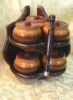 6 Stoneware Ramekins, a Fork and Corner Wooden Shelf Set