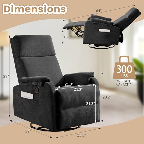 Korser Recliner Chair, Swivel Rocking Recliner Chair for Adults, Glider Rocking Chair, Small Nursery Chair Recliner for Living Room, Reclining Chair with Modern-Designed Armrests, Chenille, Black