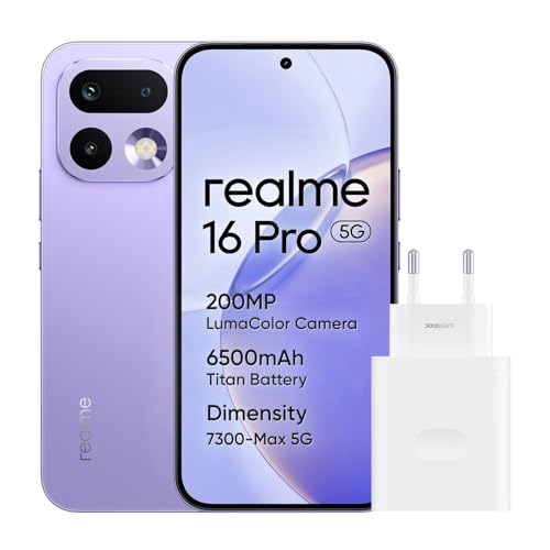 realme 16 Pro 5G Smartphone, 8GB+256GB, 144Hz AMOLED Display 6.78, Battery 6500mAh, Camera 200MP OIS, IP69K, 45W Fast Charge, Dual SIM, Next AI，Purple (With Adapter)