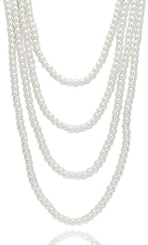 Kalse Multiple Layer 4 Strand 10mm Simulated Pearl Beads Pendant Bib Long Necklace White (NE0078)