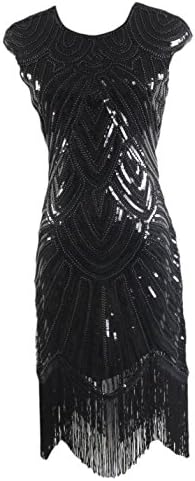 Syne Sun Women's Long Flapper 1920s Beaded Fringed Gatsby Dress (S, Black)