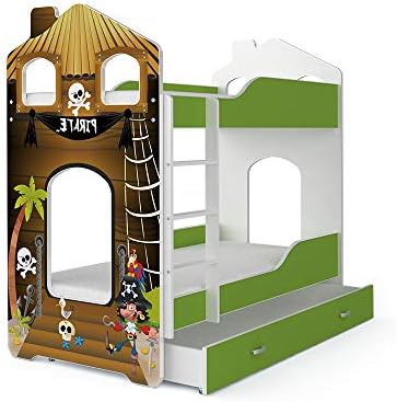 FurnitureByJDM Quality Bunk Bed for Kids - DOMINIC - With Mattresses and Storage Drawer. (Pattern 4 - Pirate, Dominic - House)