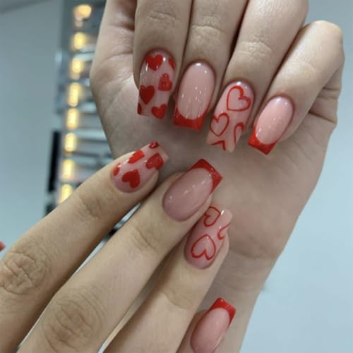 6 Packs (144 Pcs) Square Press on Nails - French Tip, Red, Heart False Nails - Short, Medium Glue on Fake Nails for Women - 12 Sizes, 6 Styles - Image 2