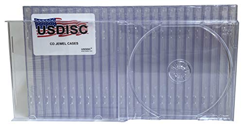 USDISC CD Jewel Cases Standard 10.4mm, Single 1 Disc, Clear, Pack of 10