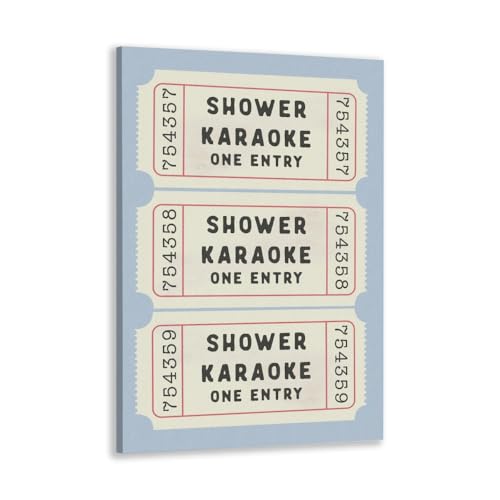 Funny Shower Karaoke Ticket Print Bathroom Poster for Decor, Retro Blue Toilet Wall Art, Cute Vintage Bath Decor, Aesthetic Art, Guest Bathroom Canvas Wall Art 8x12inch Framed