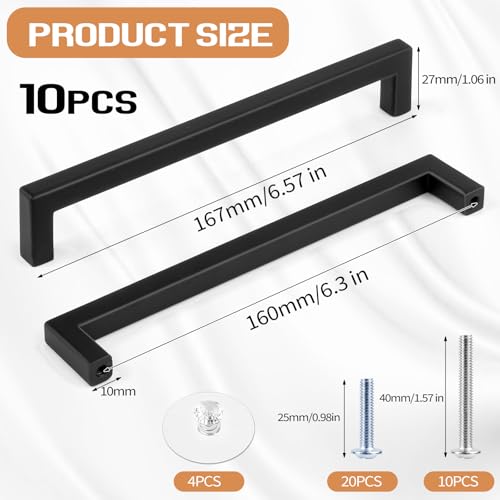Tufa 10 x Black Kitchen Handles 160 mm – Stainless Steel Kitchen Cabinet Handles with 10 Long Screws, 20 Short Screws, for Drawers, Cabinets and Cabinets