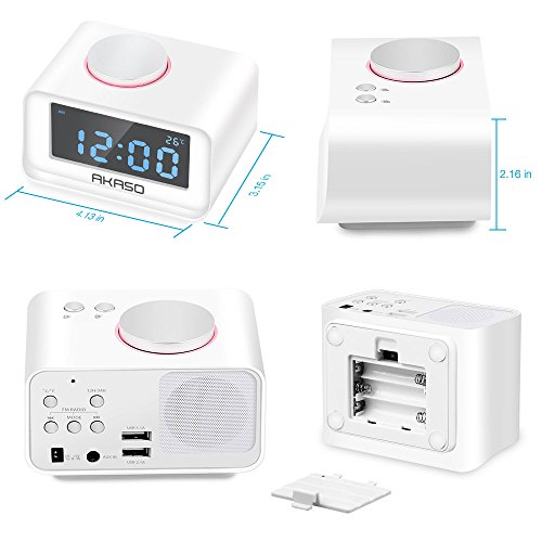 AKASO Alarm Clock, Radio Alarm Clock - USB Charging Alarm Clocks, Digital Alarm Clock for Bedroom with Snooze Function, 5 Dimmer Brightness, Thermometer Phone Charger with Dual Port USB, White - Thumbnail 6