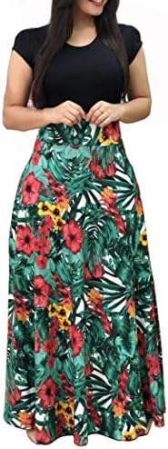 Uinolo Womens Short Sleeve Floral Printed Splicing Color Prom Cocktail Swing Long Maxi Dress