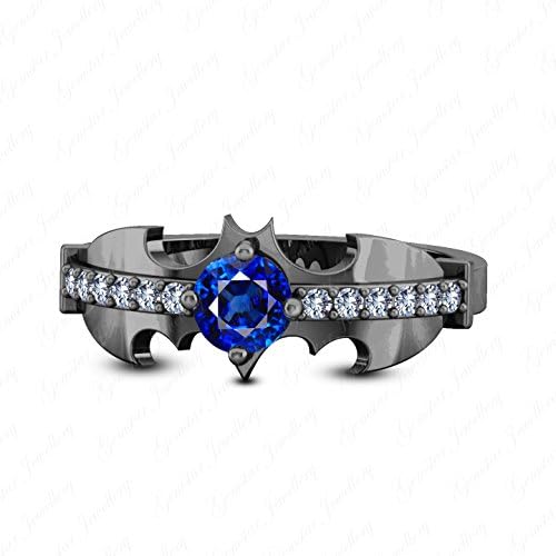 Gemstar Jewellery Blue Sapphire &amp; White Simulated Diamond 18K Black Gold Finish Batman Engagement Ring