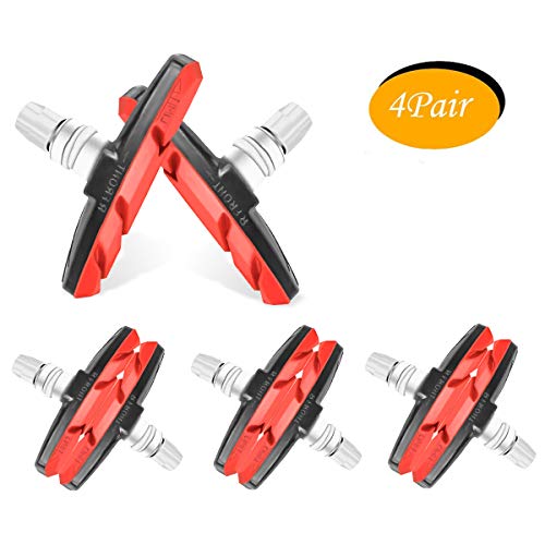 WTSHOP 4Pair V Bike Brake Pads with Hex Nuts and Spacers,Road Mountain Bicycle V-Brake Blocks Shoes （red）