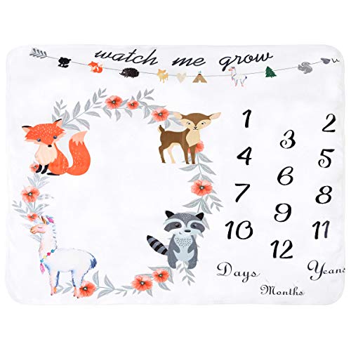 Fleece Baby Monthly Milestone Blanket Extra Large Photography Background Blanket Thick Backdrop Prop Swaddle Baby Shower Gift for Single & Twins (Animal Flower)
