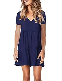 Vestido de color sólido con cuello en V de manga corta suelta casual para dama FAVALIVE