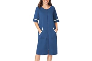 Ekouaer Women Zipper Robe Short Sleeve Duster Housecoat Short Bathrobes Zip Front Nightgown with Pockets S-3XL