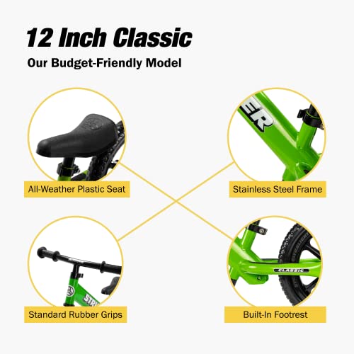 Strider 12” Classic Bike, Green No Pedal Balance Bicycle for Kids 18
