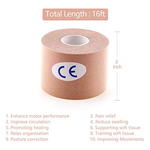 AUPCON Uncut Kinesiology Tape Waterproof Hypoallergenic Breathable - Sports Muscle Tape Therapy Recovery Support for Knee Ankle Elbow Shoulder Shin Neck Splints Latex Free FDA Approved 2 Inch Beige - Thumbnail 4