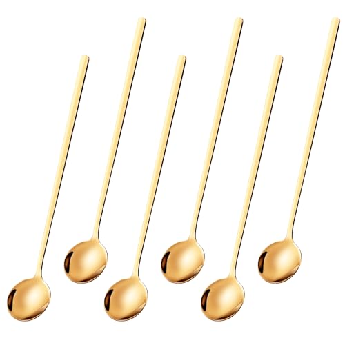 6-Piece Gold Coffee Spoons Set - 6.7 Inch Stainless Steel Long Handle Spoons For Espresso, Iced Tea & Cocktails