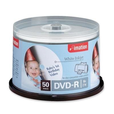 Imation Inkjet Printable DVD-R Discs, 4.7GB, 16x, Spindle, White, 50/Pack