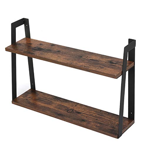 MaidMAX Floating Shelves, 2 Tier Rustic Shelf, Display Storage Ledge, Wall Mounted Shelf with Metal Brackets for Living Room, Bathroom, Bedroom, Kitchen, Wood Grain Finish