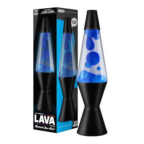 LAVA® - Lampe 2313, blaues Wachs, klare Flüssigkeit, schwarzer Sockel und Deckel, Original 14,5 Zoll Bewegungslampe der Marke, Blau/Klar