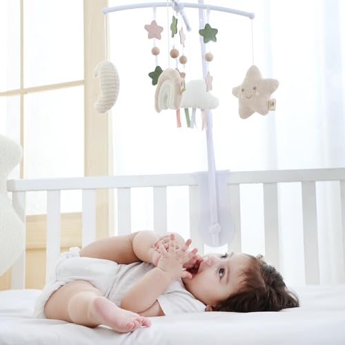 COTTONBEBE Baby Cot Mobile with Music Box – 35 Music – 3 Modes – Adjustable Volume – Easy to Install – For 0+ Months Boys and Girls (Rainbow)
