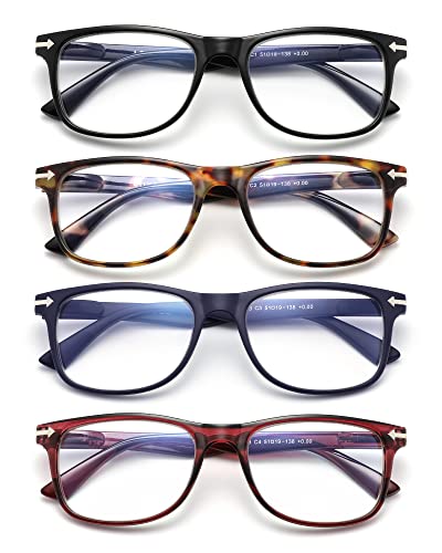 Loycco 4 Pack Computer Reading Glasses Blue Light Blocking Anti Eyestrain Flexible Lightweight Square Readers for Women Men 2.0