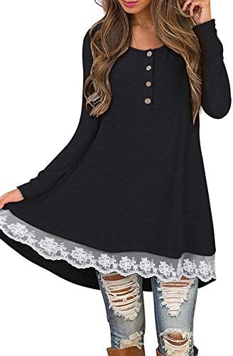 Women's Fall Winter Crew Neck Casual Tunic Shirts for Leggings Button Lace A-Line Shirt Dress (S, Black)
