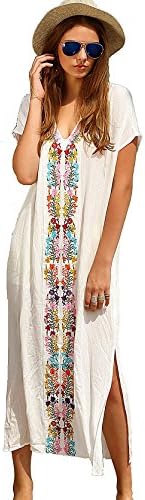 Womens Turkish Kaftans Summer Beach Long Dress Floral Print Casual Loose Split Cover up (White)